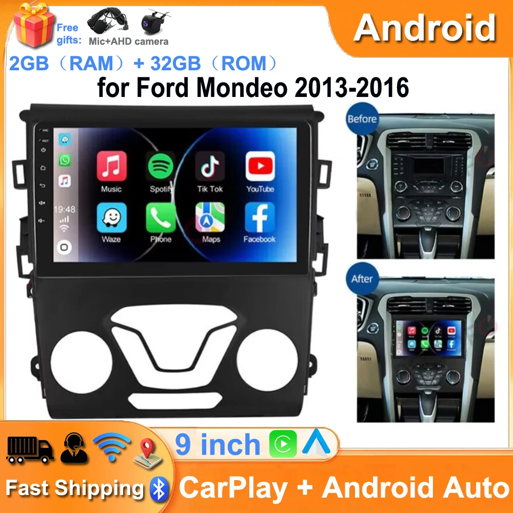 9''Car Stereo Radio GPS Navi for Ford Mondeo 2013-2016  Android15 in-Car Navigation with CarPlay Android Auto 2+32G Base Model