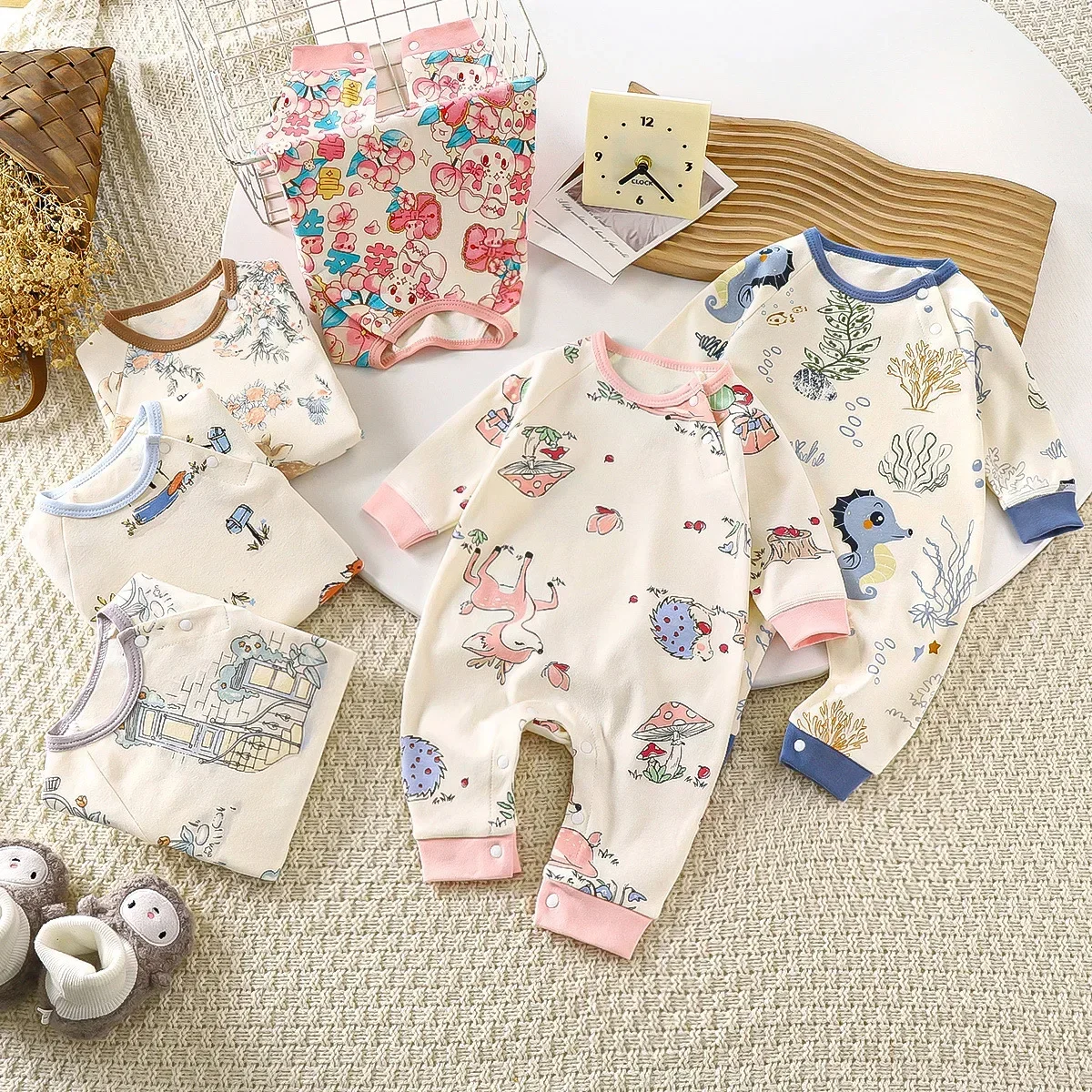 Autumn Newborn Baby Pure Cotton Romper Long Sleeve Cute Cartoon Print Casual Rompers Toddler Playsuit Infant One-piece Clothing
