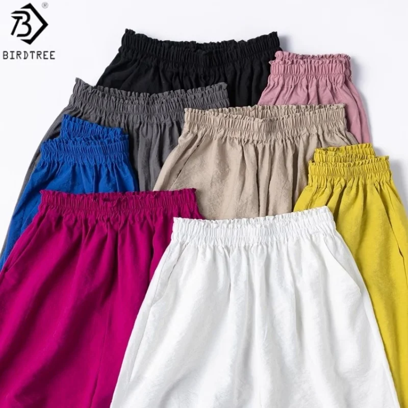 

Birdtree Summer 76% Mulberry Silk 24% Nylon Short Pants,Dry Silk Elastic Waist Solid Color Loose Casual Women Shorts P55908JF