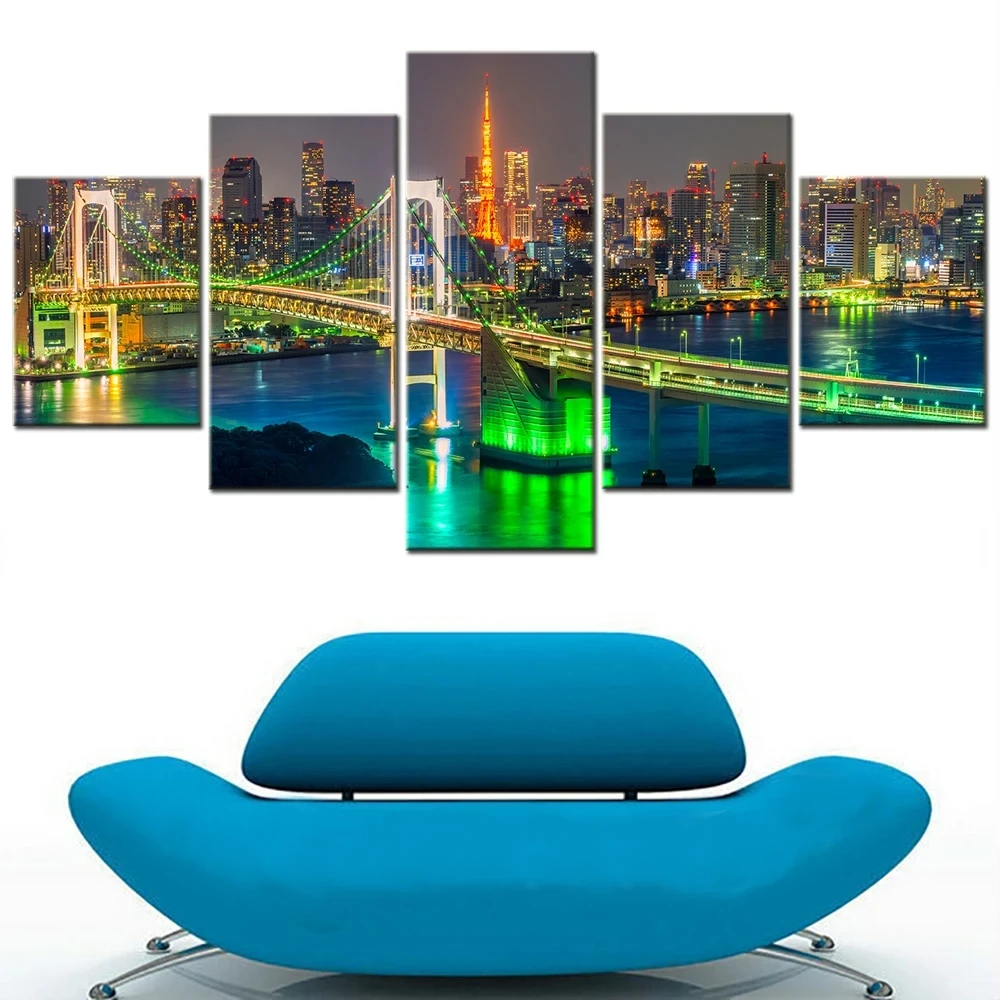 

Rainbow Bridge Tokyo City Night View 5 Panel Wall Art Diamond Mosaic Modern Home Decor Painting Interior Aesthetic Room Decor