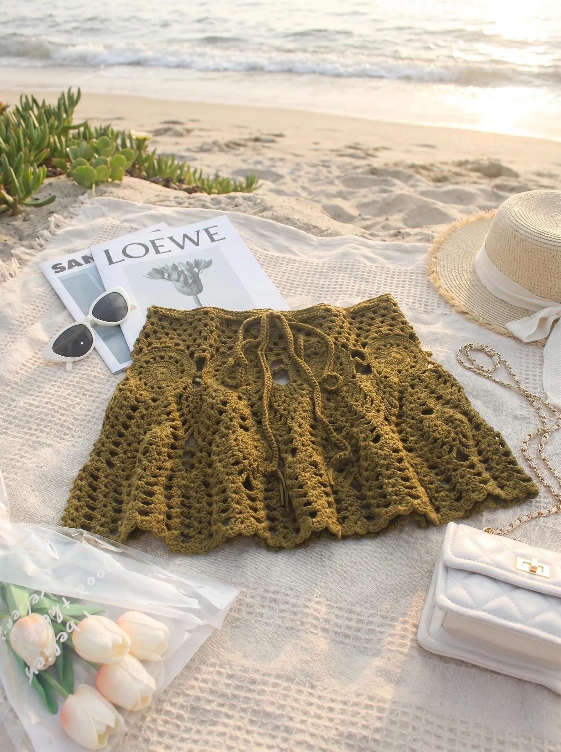 Olive Green Handmade Crochet Hollow-Out Short Skirt, Summer Breathable A-Line Tie-Up Beach Knit Skirt