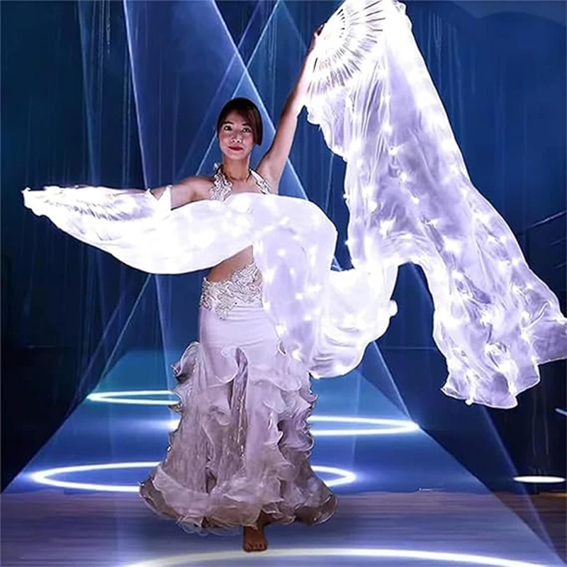 1.5 Meters LED Belly Dance Silk Fan Light Up Fan Hand Folding Fans Performance Party Fan Holiday Party Glow Props 