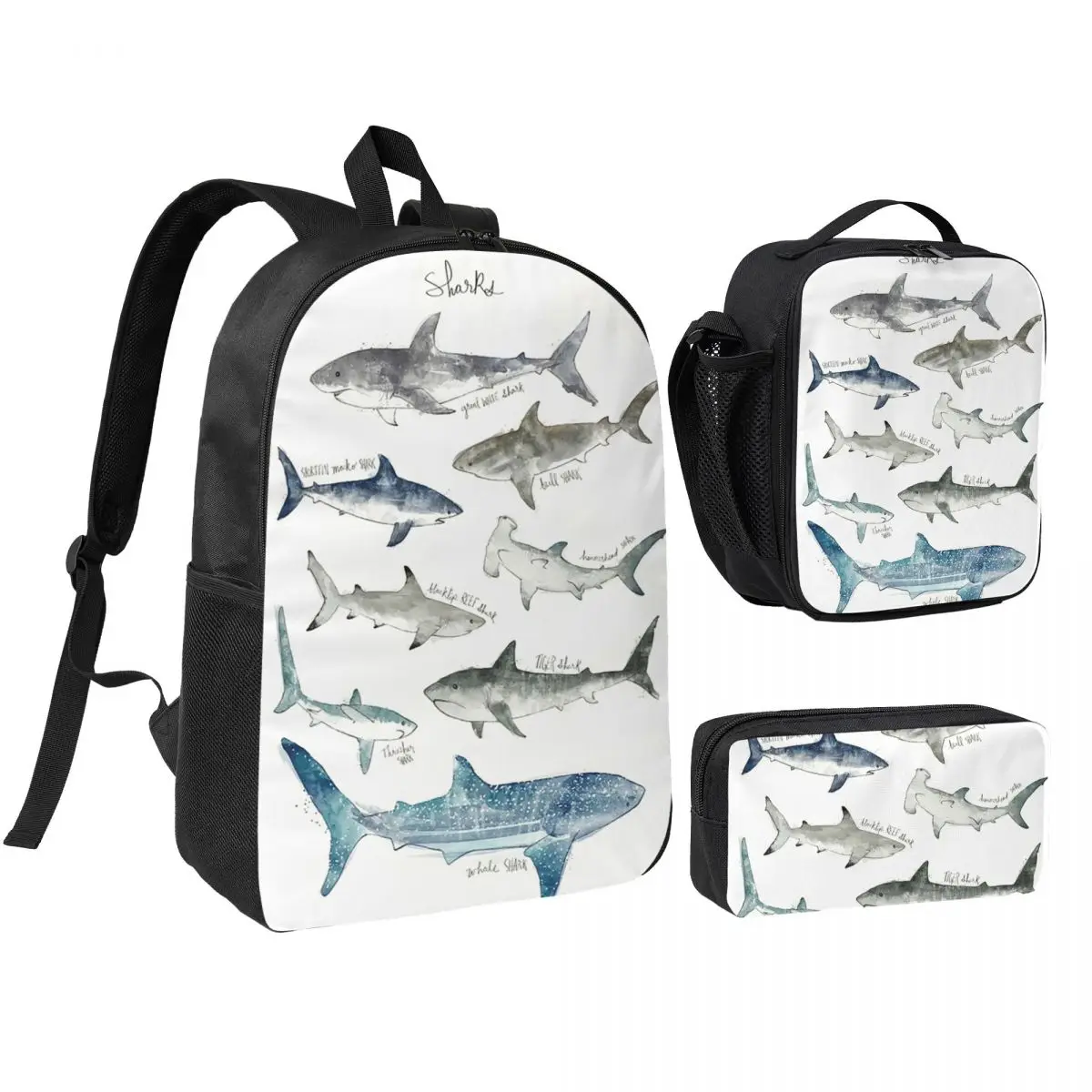 Blue Watercolor Art Shark Ocean Backpack Student BookBag School Bag Shoulder Bags 3ps Insulated Lunch Bag Pencil Case