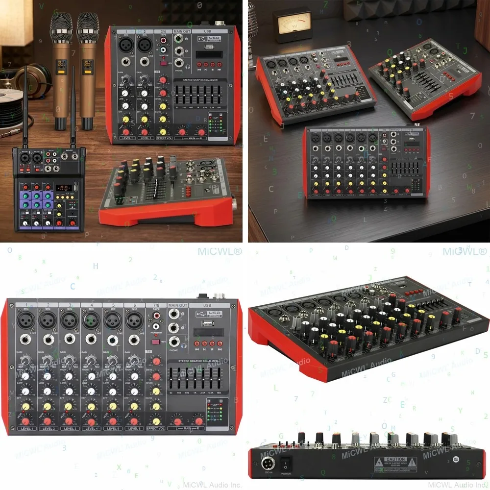 Professional 4/8 Channel Mixer Wireless Microphone System, 2 Handheld Lapel, Sound Mixing DJ Console, Two-in-One Function