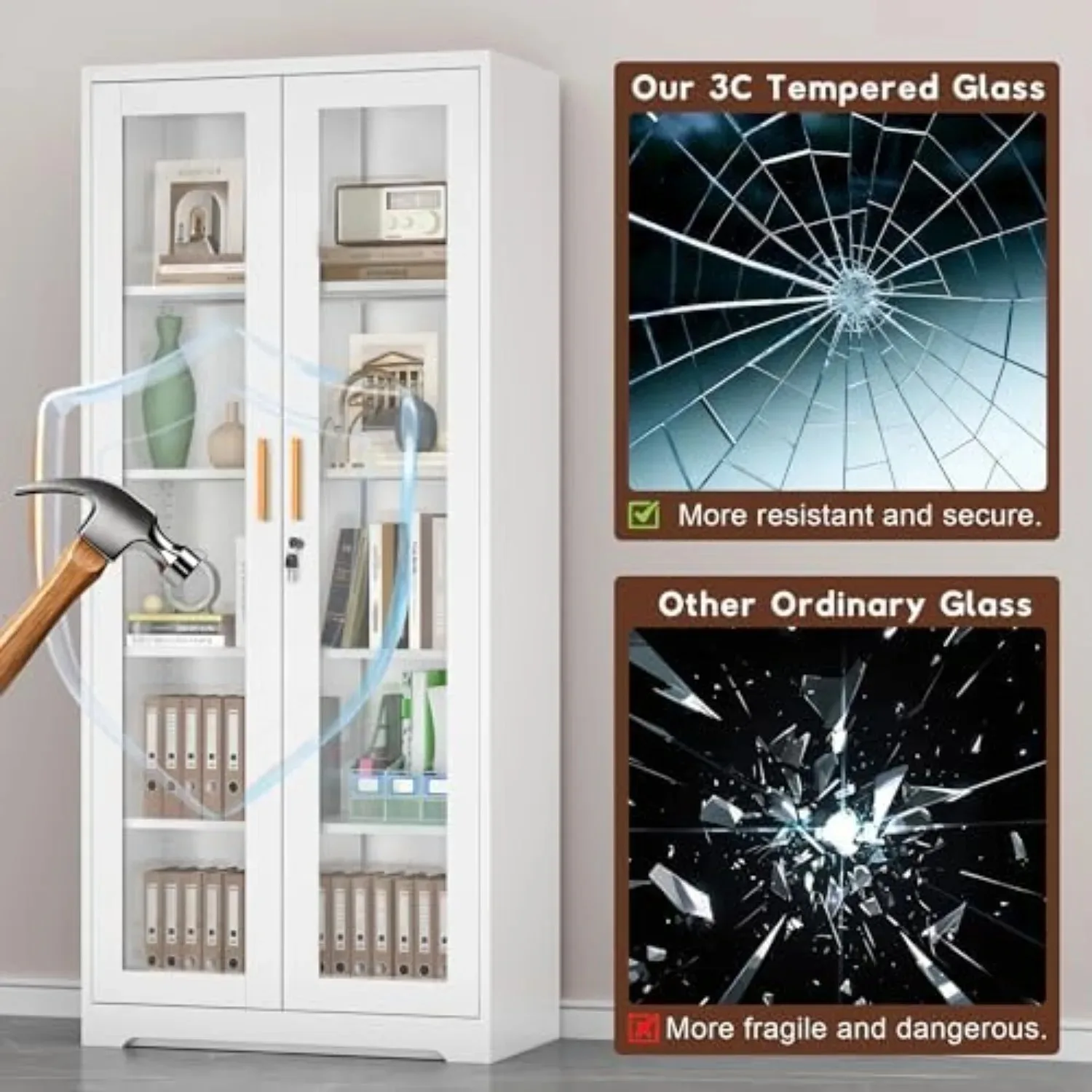 Lockable Display Cabinet with Glass Doors and 4 Adjustable Shelves | Curio Cabinets，Liquor Bookcase Bookshelf with view 5