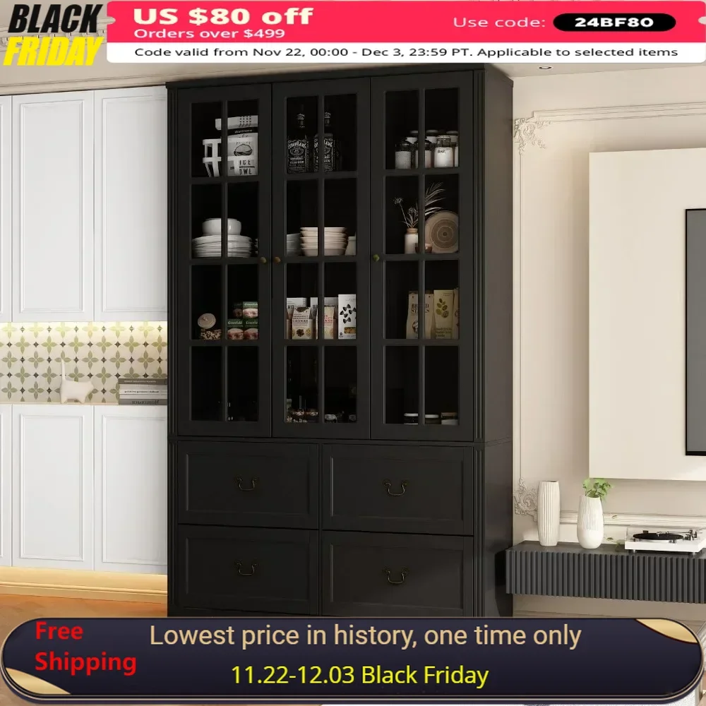 Kitchen Cabinets with 3 Glass Doors Pantry Cabinet with 4 Drawers Pantry Furniture with Adjustable Shelves