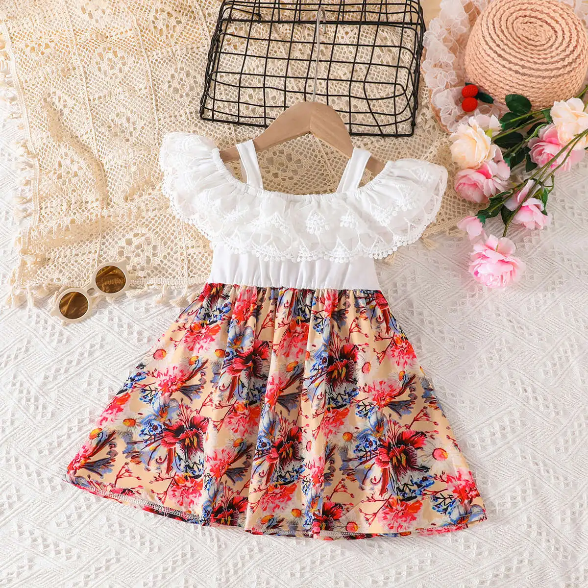 2023 Summer New Arrival Girls Sleeveless Ruffles Bow Print Floral Patchwork Red Roupa Infantil Menina Cute Dress Custume 18M-7T