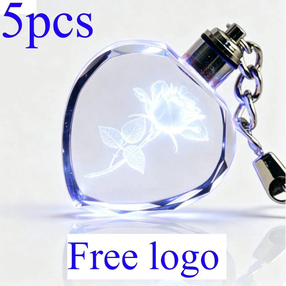 5pcs Crystal Keyring with LED Light Inside Free Engrave Design Crystal Blank Llavero Custom Logo Anniversary DIY Birthday Gifts