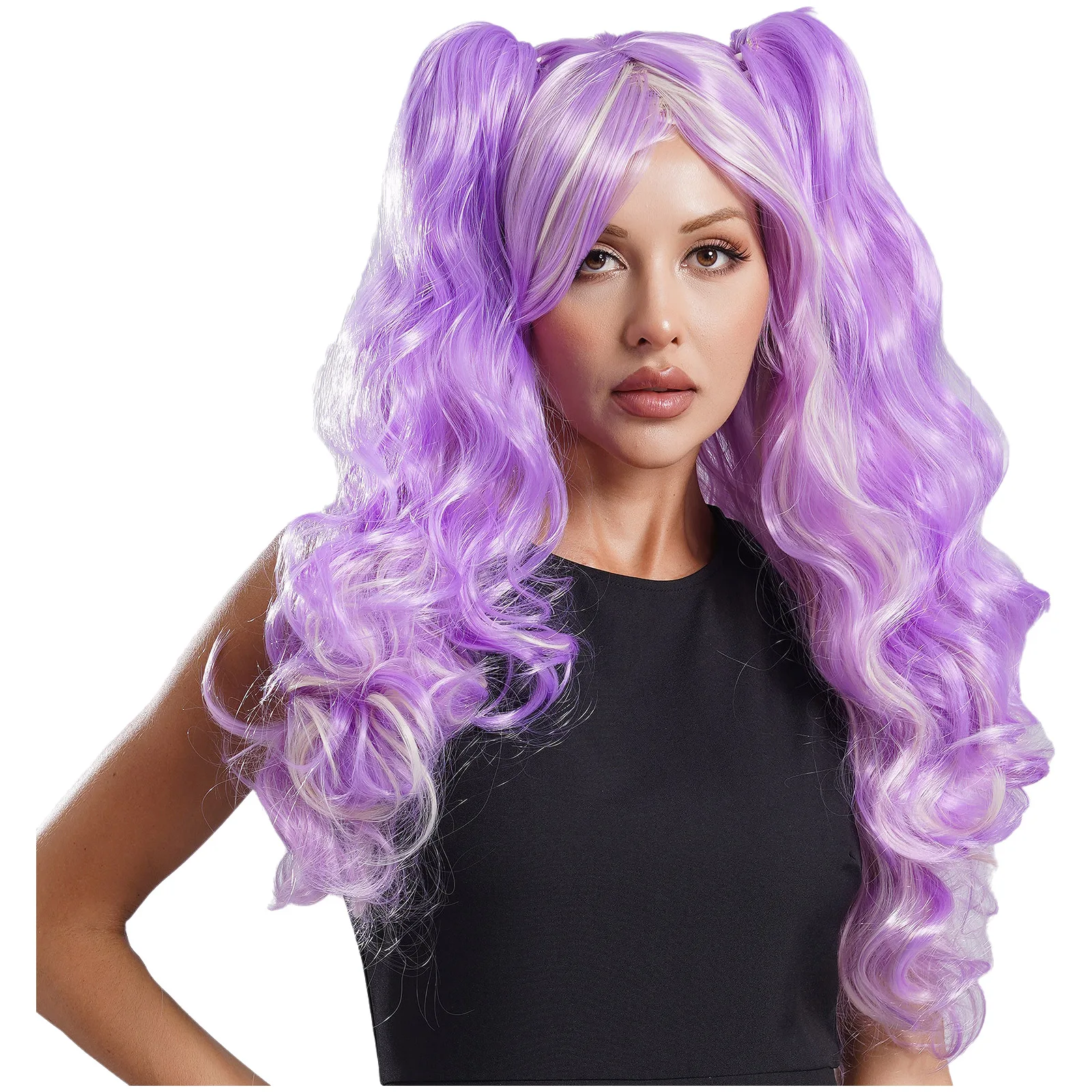 Womens Japanese Anime Role Cosplay Wig with Clip-on Ponytails Long Curly Multi-color Synthetic Wig for Lolita Comic Con Party