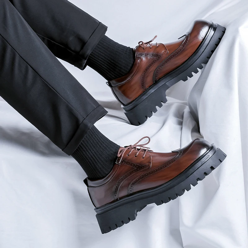 

Men Derby Shoes PU Thick Bottom Brogue Carving Business Formal Men Shoes Size 38-46