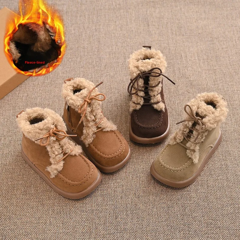 

Children Thick Sole Suede Snow Boots Girls Casual Warm Anti-slip Winter Cotton Shoes Casual Outdoor Fashion Flat Footwear