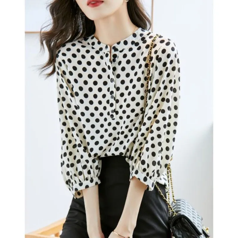 

Women Summer Simplicity Office Lady O-neck 3/4 Sleeve Shirts Ladies Fashion Polka Dot Appear Thin All-match Temperament Tops