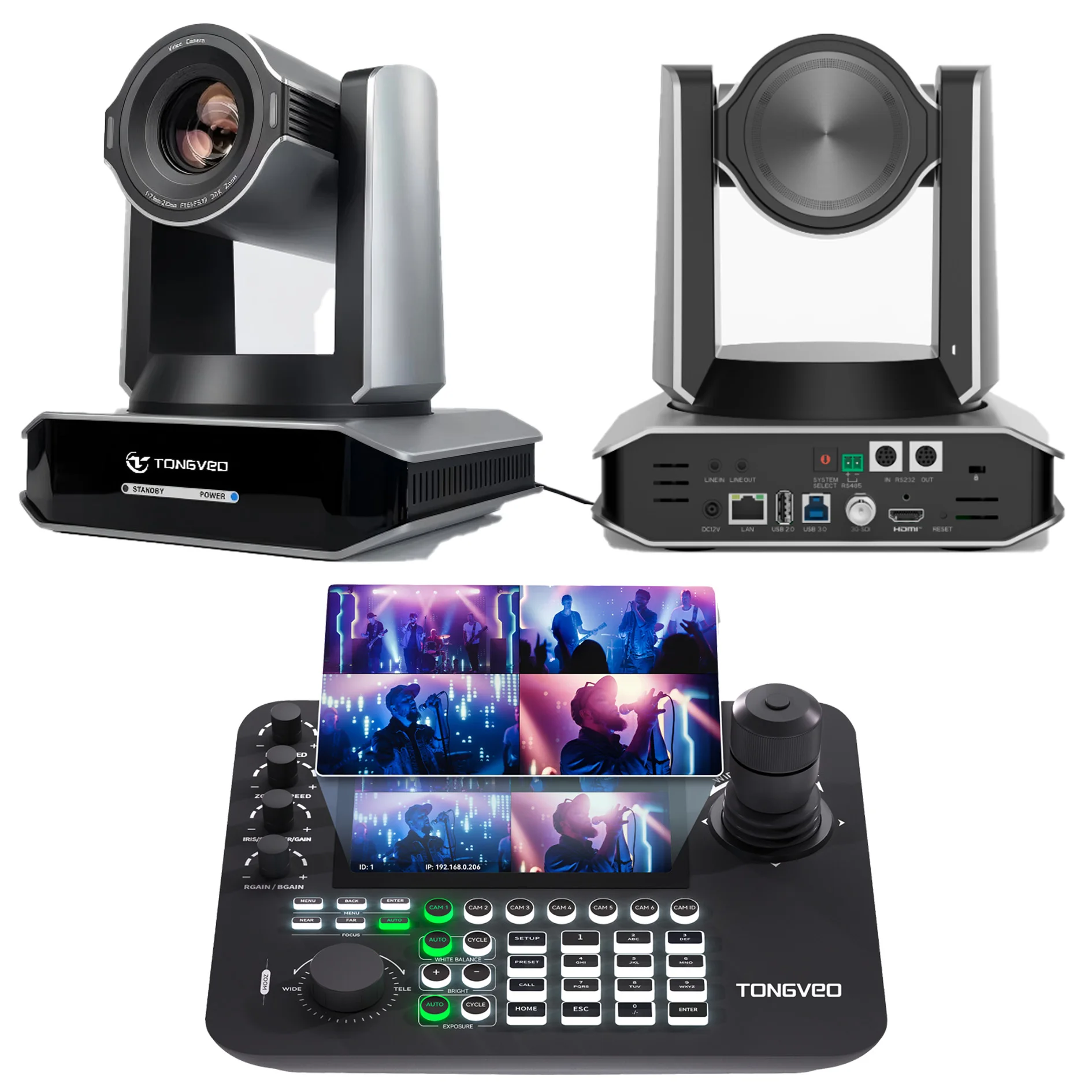 TONGVEO 4K60fps 30x PTZ Camera Dante/NDI/Free D Protocol and Joystick Controller with 4 Split Screen for Live Streaming