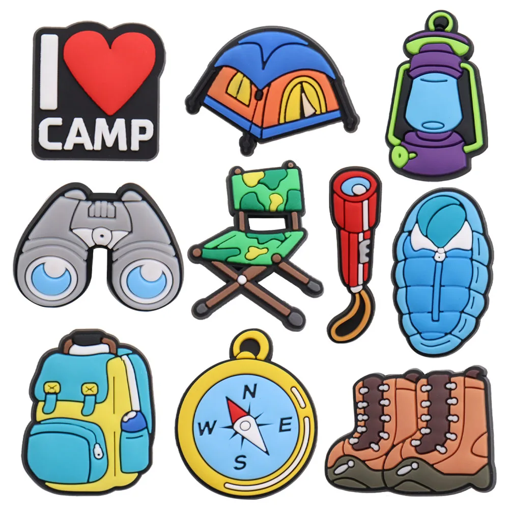 50pcs PVC Tent Camping School Bag Compass Shoes Accessories Garden Shoe Decorations Fit Kids Charms Party Gift