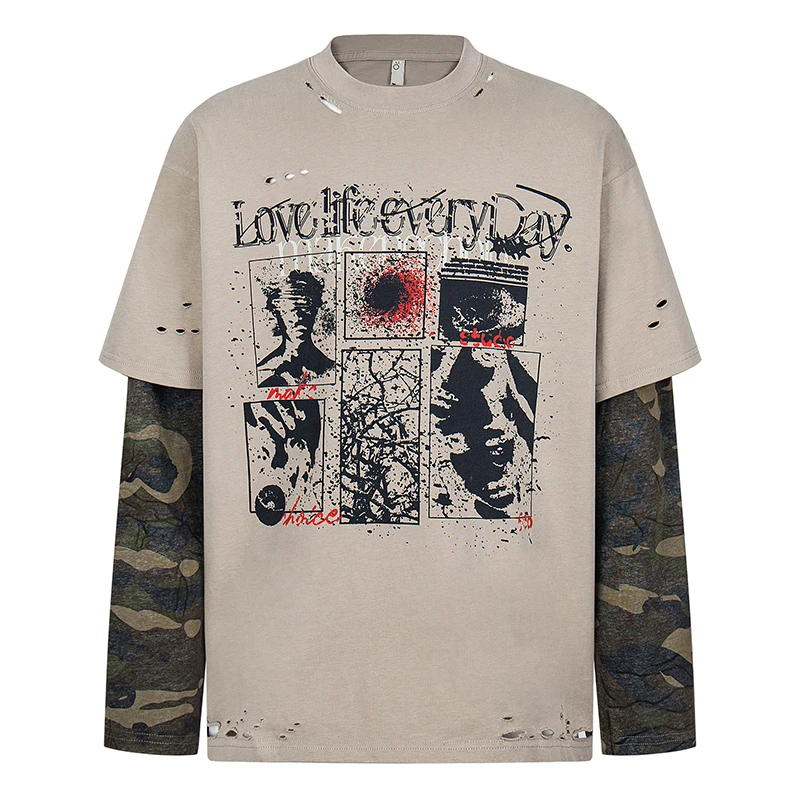 

Vintage Streetwear Tshirt Men Punk Grunge Distressed Layered Long Sleeve Camouflage Patchwork Oversized Graphic Tee Top Clothing