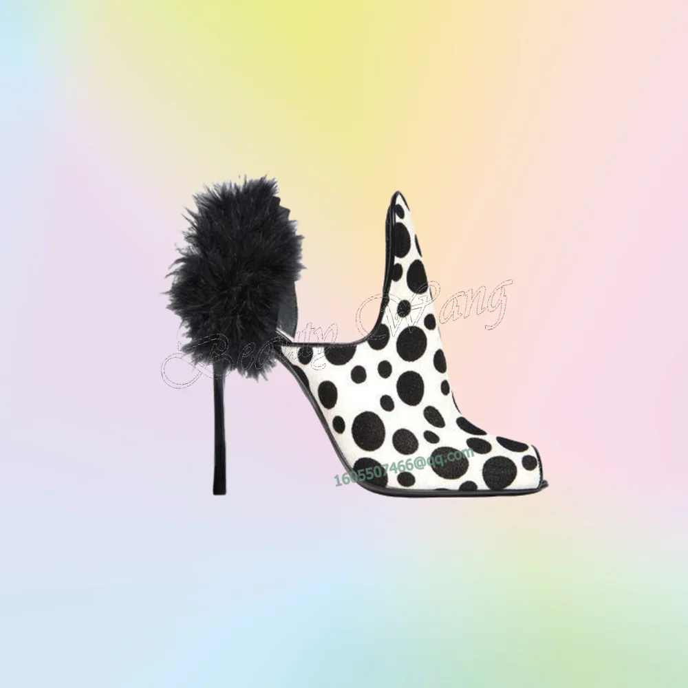 

Black White Polka Dots Pumps Fur Decor Round Toe Novel Shoes for Women Thin High Heels Sexy Shoes 2023 Zapatos Para Mujere