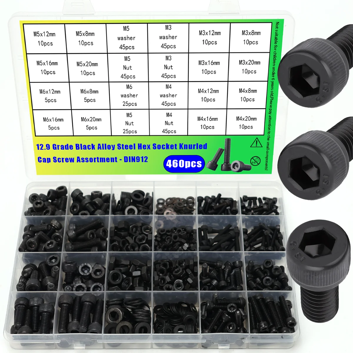 460-teiliges Set: Rändelschrauben mit Innensechskant aus schwarzem Kohlenstoffstahl der Güteklasse 12.9, DIN912 M3 M4 M5 M6, mit Muttern und Unterlegscheiben, für Maschinenbau.