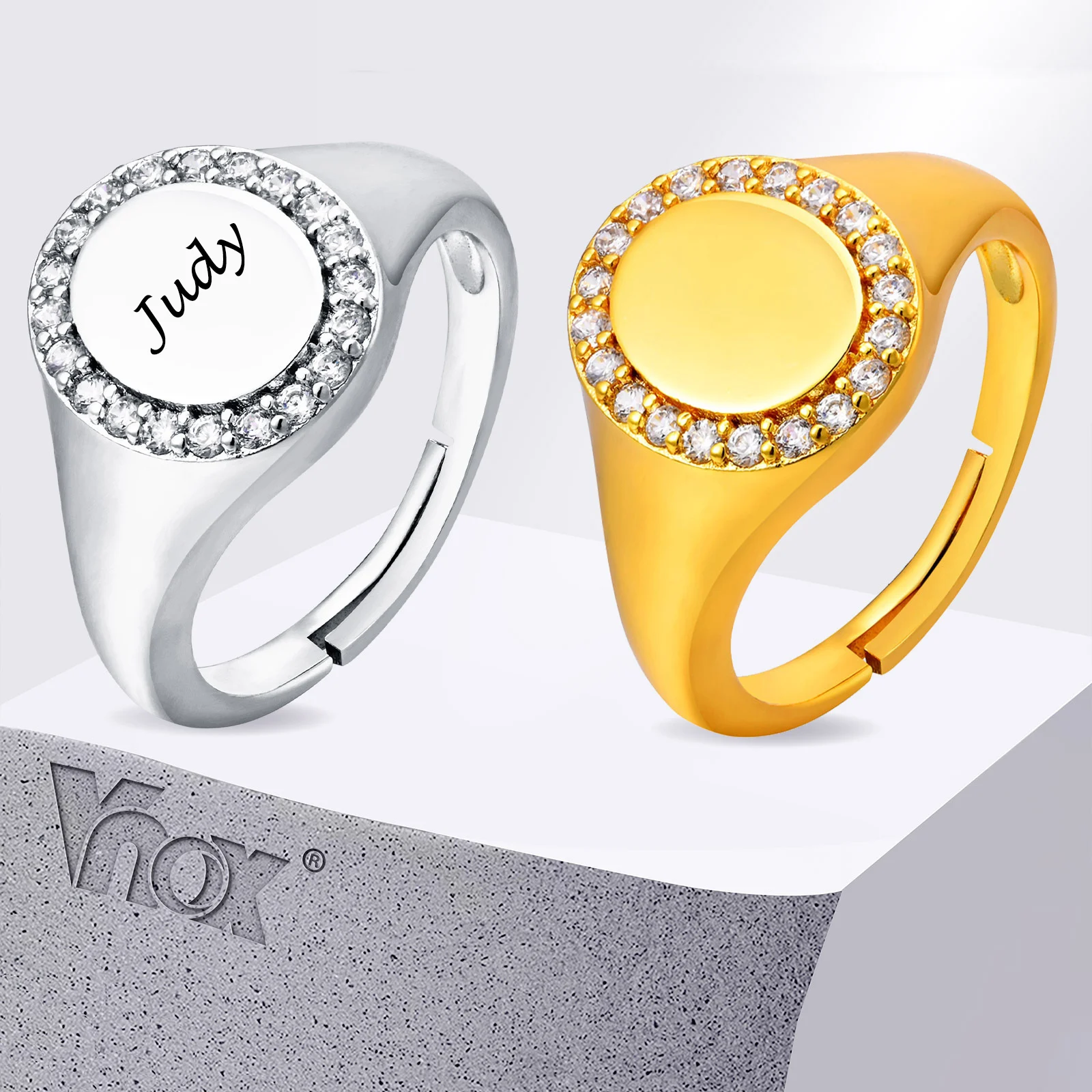 Vnox Personalized Women Signet Rings, Custom Name Finger Band Gift for Her, Gold Color Oval Stamp Ring, Tail Ring