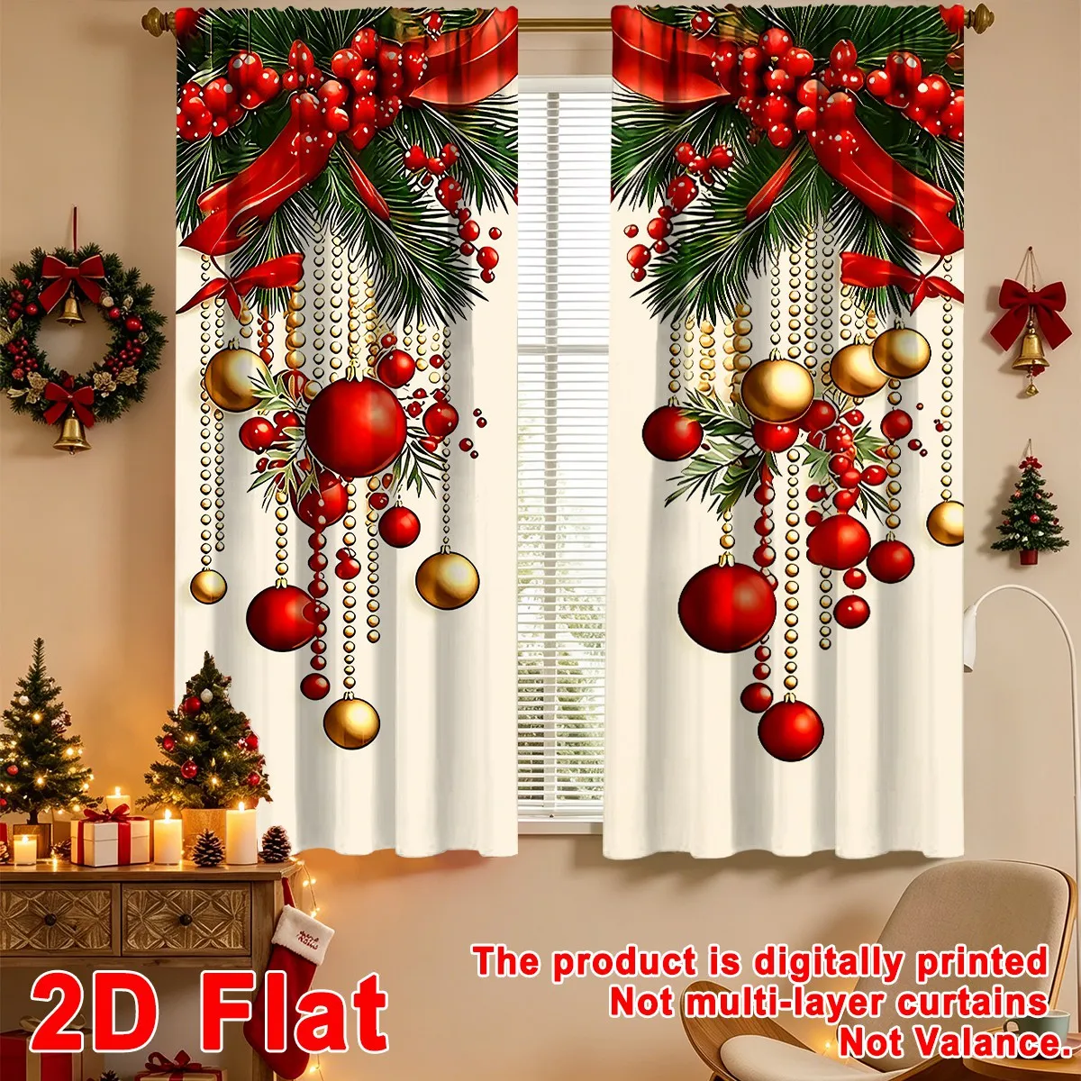 2 Stück Festliche Weihnachtsvorhänge, 60*150cm Polyester-Vorhänge mit Weihnachtskugel- und Bandmustern Fensterdekoration für Zuhause und Feiertage – Detail 4