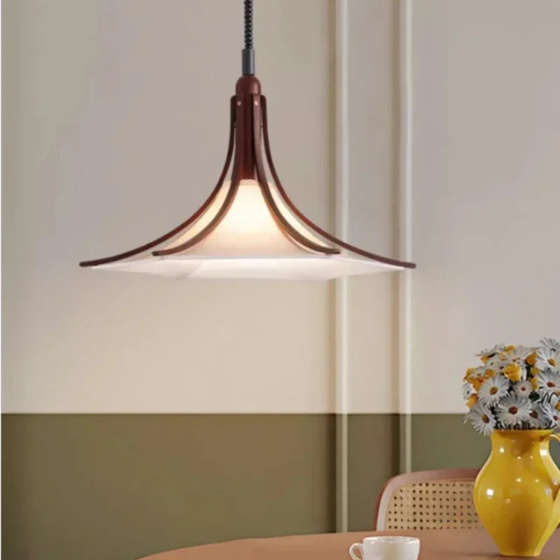 SANDYHA Retro Lifting Pendant Light Solid Wood Fabric Chandeliers LED Hanging Lamp For Living Room Dining Table Home Decoration