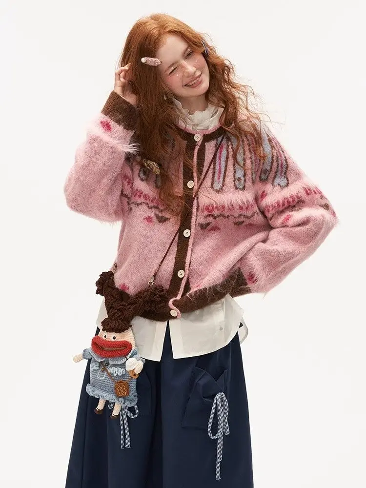 

Women's Pink Jacquard Loose Knitted Jacket Autumn Fashion Knitted Tops Female Comfortable Long Sleeves Loose Knitwear