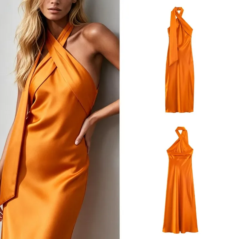 2026 Summer Women Halter Neck Midi Dress Satin Texture Tie Back Sleeveless Elegant Flowy Comfortable To Wear Date Outfit view 3
