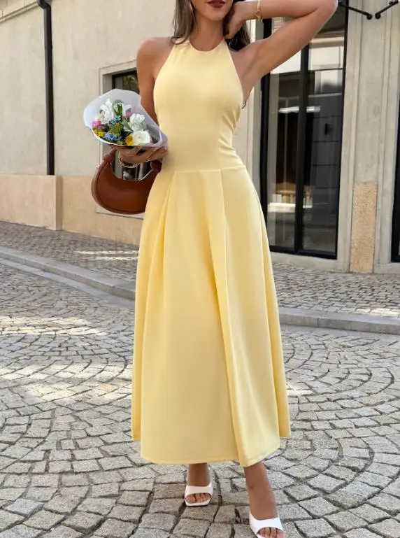 

2026 Spring/summer Women's Elegant Style Hanging Neck Sleeveless Waist Umbrella Skirt Dress