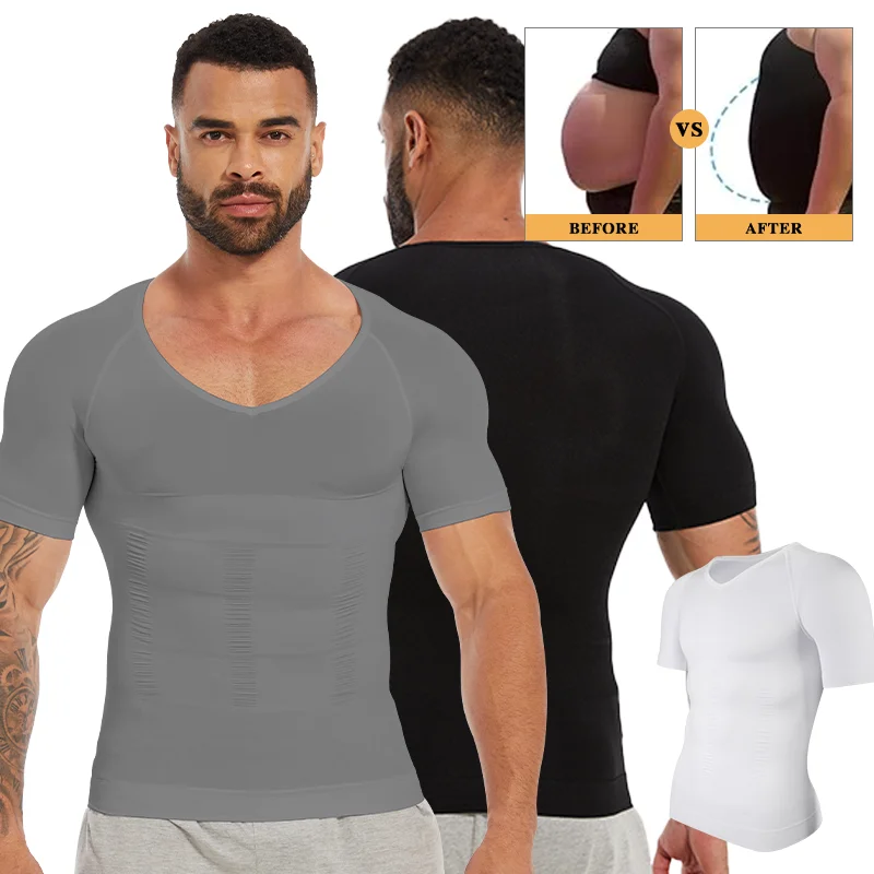 

Sexy V Neck Compression Top for Men Tummy Control Sports Fitness Slimming Shapewear Body Shaper Short Sleeve Vest Waist Trainer