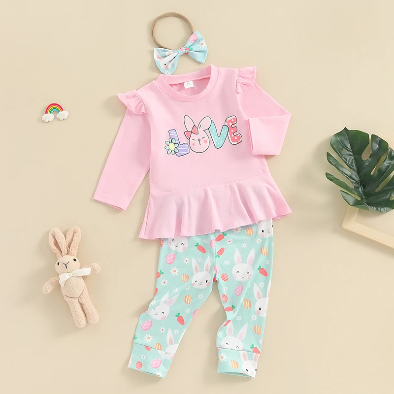 

Baby Girl Easter Clothes Letter Print Long Sleeve Ruffled T-Shirt with Bunny Pattern Pants and Headband Outfit