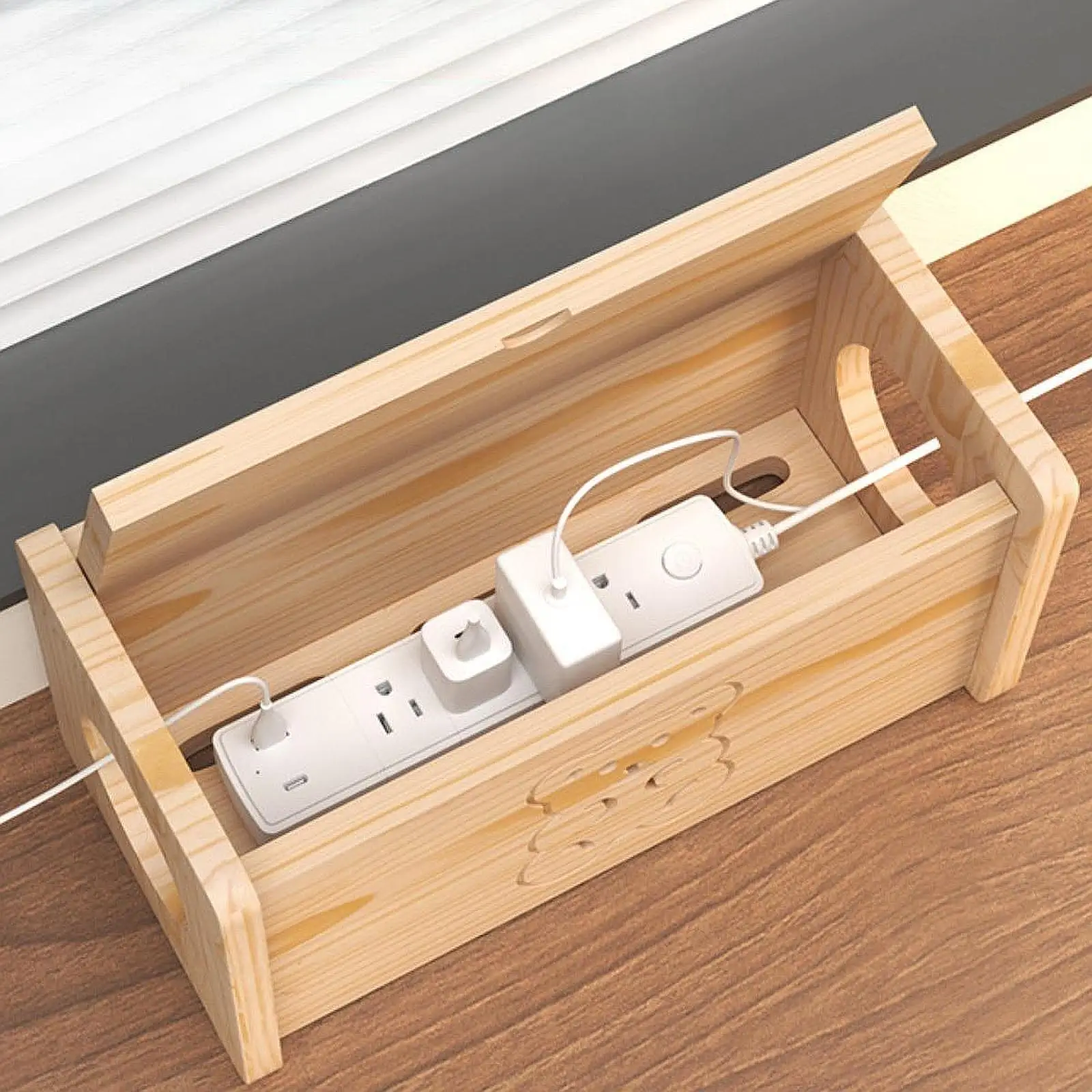 Cable Management Box Wood Cord Organizer Box for Computer Under Desk Cords