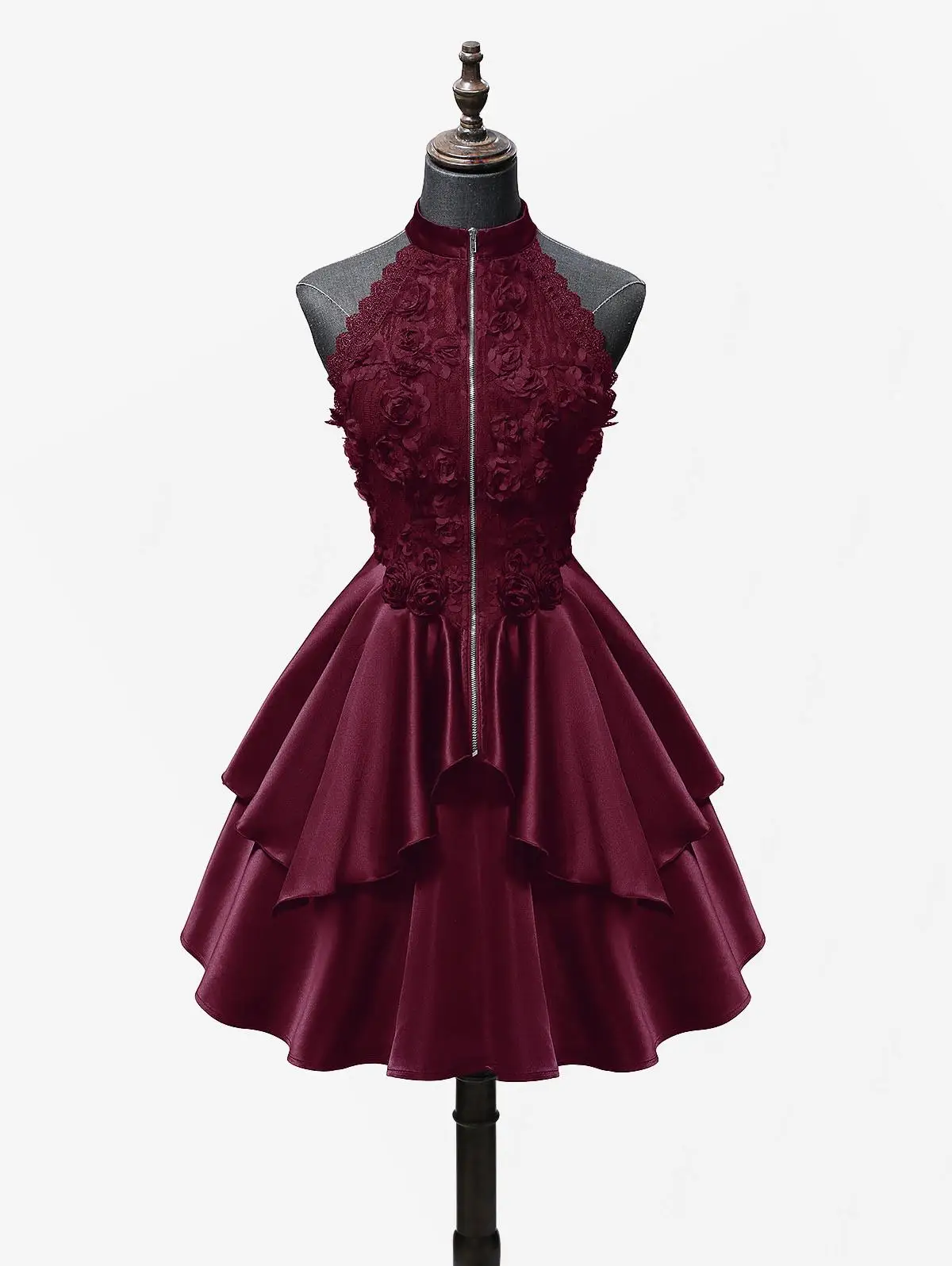 Vestidos femininos góticos vinho tinto rosa flor apliques renda jacquard zíper babados em camadas vestido linha a