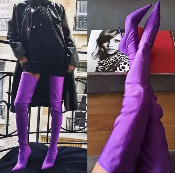 Purple Champagne Thigh High Satin Stretch Sock Boots Woman Stiletto High Heels Pointed Toe Over The Knee Botas Mujer