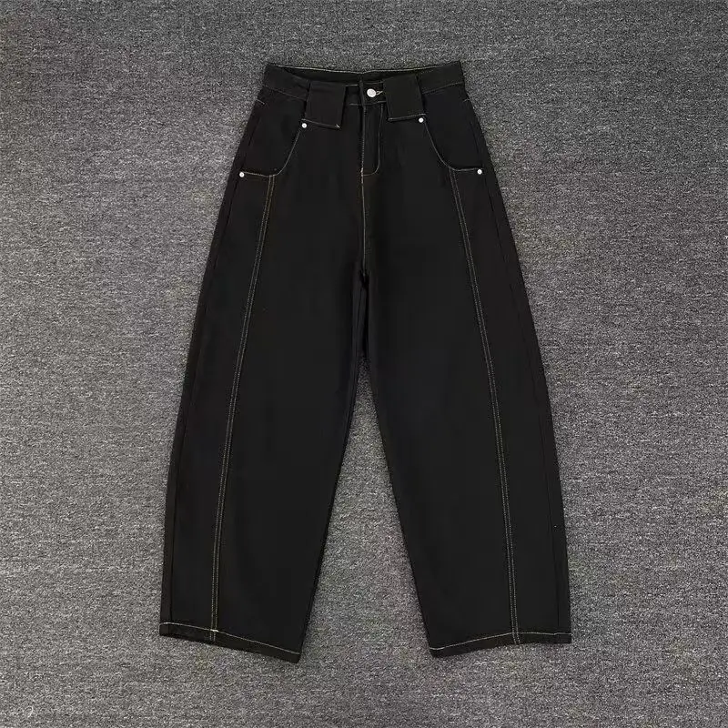New Men's Black Jeans Spring American Vintage Oversize Loose Contrast Stitch Wide Leg Casual Curved Hem Long Pants