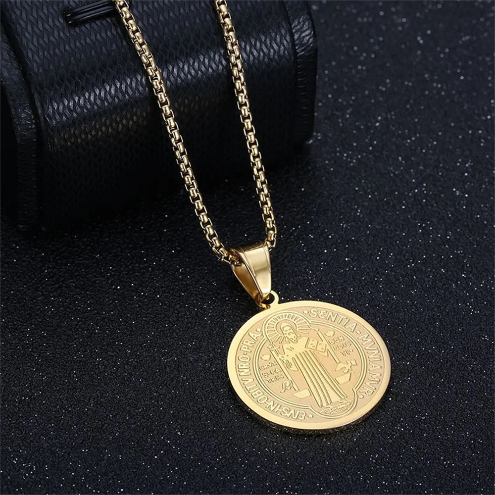 Religious San Benito Holy Medal Pendant Gold Color Stainless Steel Jesus Cross Round Necklace for Women Men Fashion Jewelry Gift