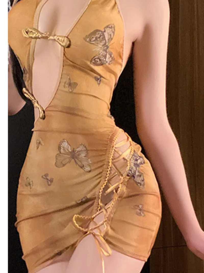 Indumenti da notte sexy per le donne, indumenti da notte, uniforme puro desiderio stampato cheongsam abbigliamento abito elegante mini abito canotta maglia trasparente 8UK