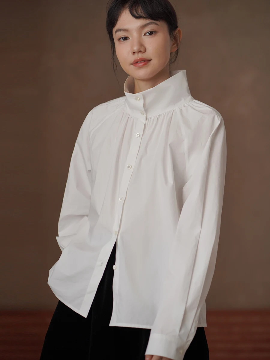 

Hacikis Средневековая французская винтажная рубашка с воротником-стойкой, 100% хлопок, свободного кроя, для многослойных образов, приятная к телу, с длинным рукавом, женская