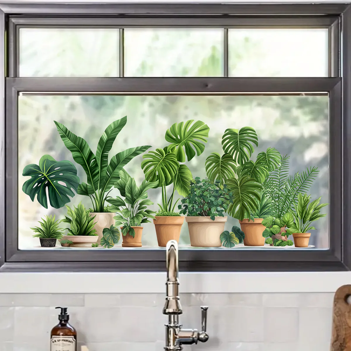 Tropische Topfpflanzen Fensteraufkleber, Monstera-Palmen Wandaufkleber, Grünpflanzen Fensterdekoration für Küche und Heim