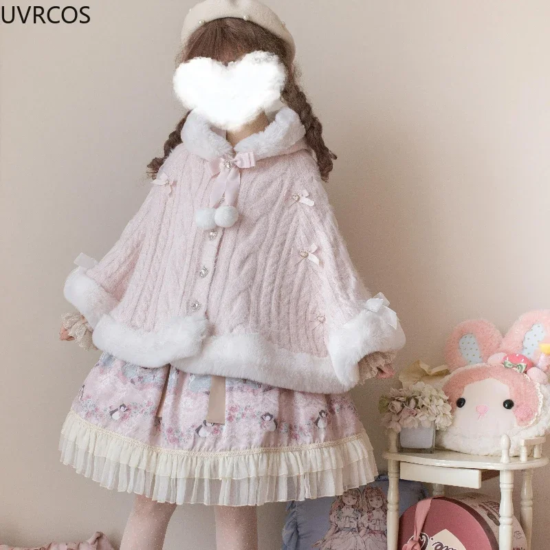 Japanese Kawaii Lolita Style Plush Hooded Poncho Coat Women Sweet Warm Knitted Bow Short Jackets Vintage Elegant Cloak Outerwear