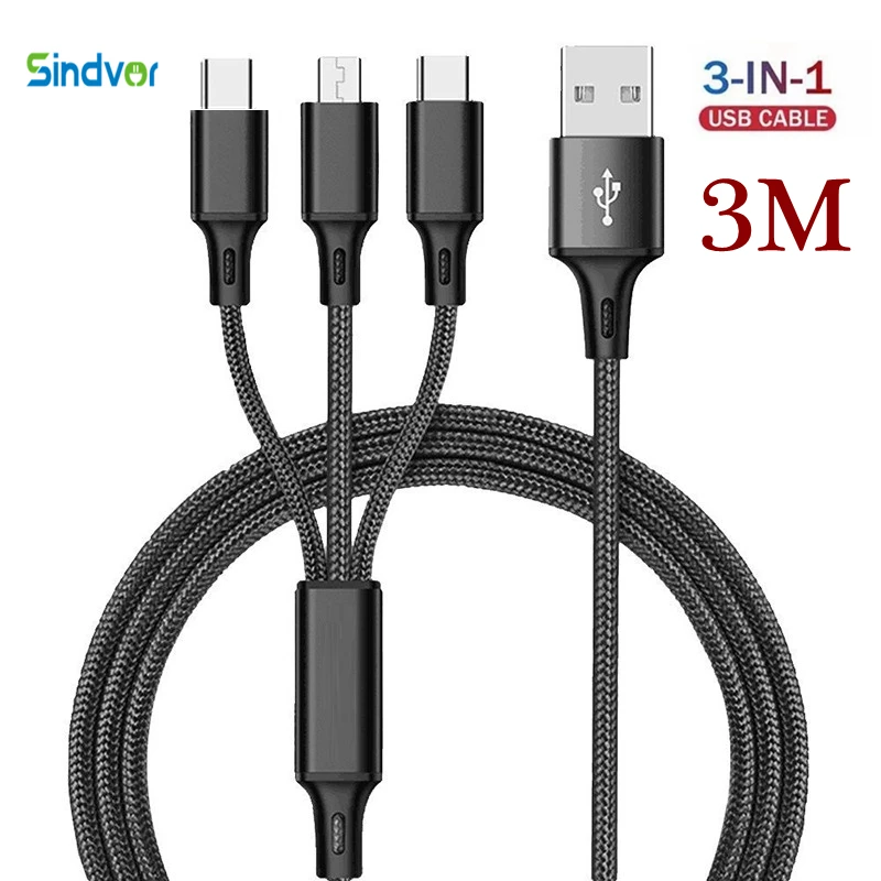 Sindvor 3M Charging Cable 3 In 1 USB Type C Charger Cord MultiPort Micro Cable For iPhone 15 14 Pro Max Samsung Galaxy Xiaomi 12