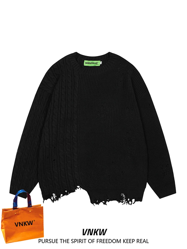 

Мужской вязаный свитер в американском уличном стиле с нерегулярными отверстиями, оверсайз, модный брендовый свитер-пальто для пар на осень-зиму