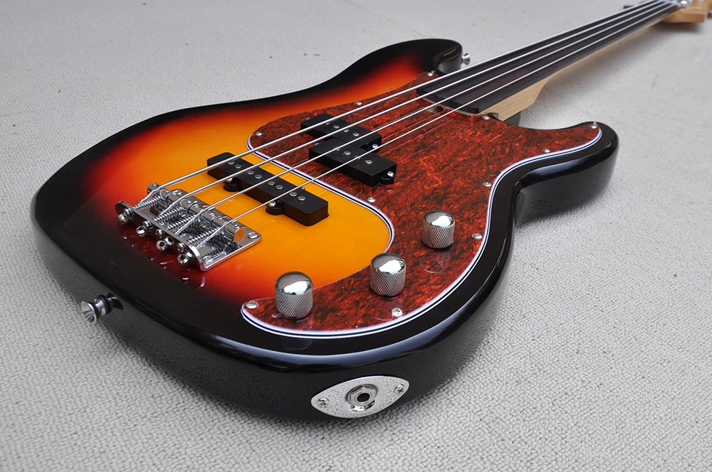 Fretless 4 Strings Tobacco Sunburst Electric Bass Guitar with Rosewood Fretboard,Customizable