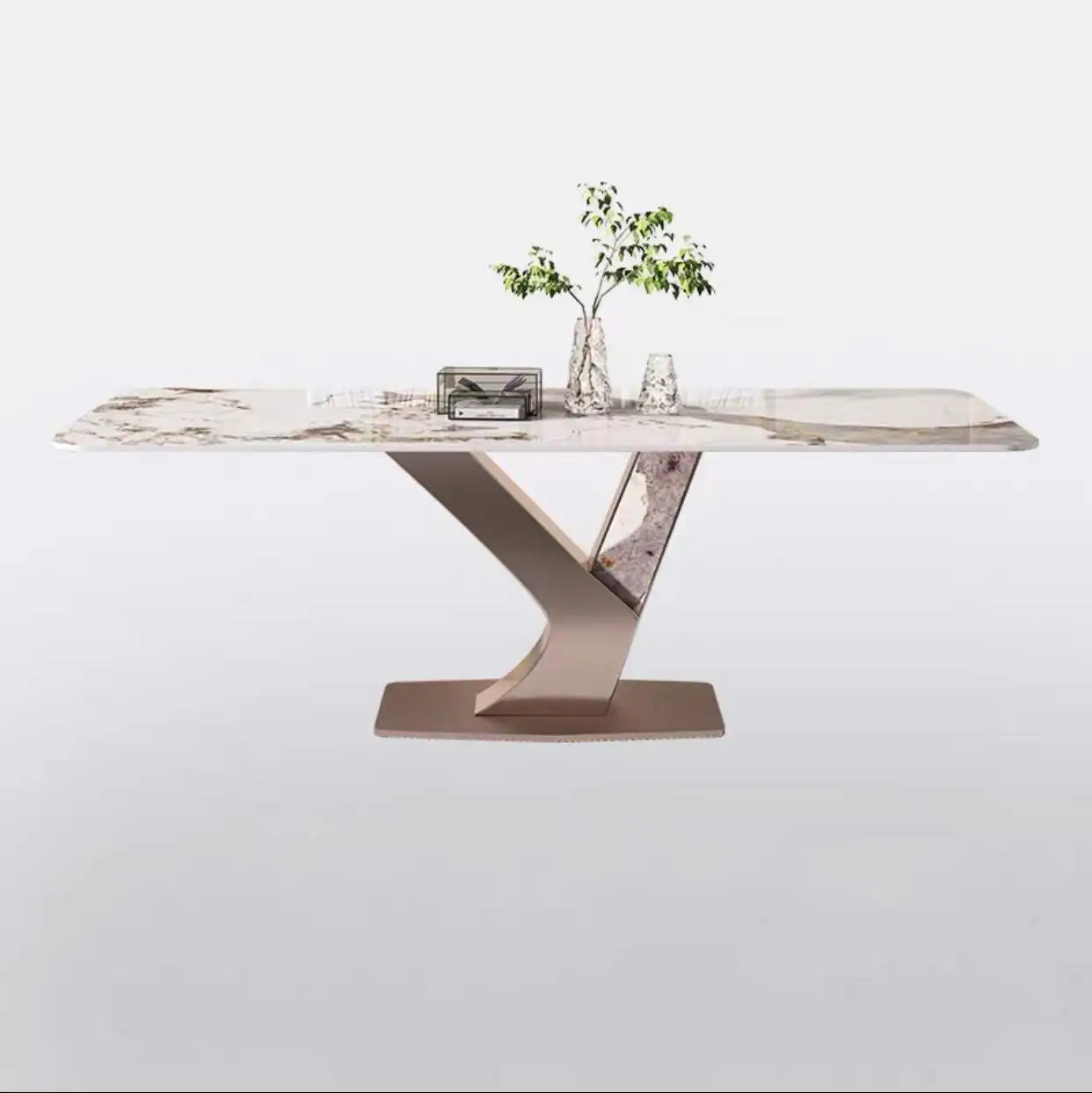 Italy Pandora Imported Bright Stone Plate Dining Table Home Nordic Entry Lux Style Rectangular Dining Table Chair Combination