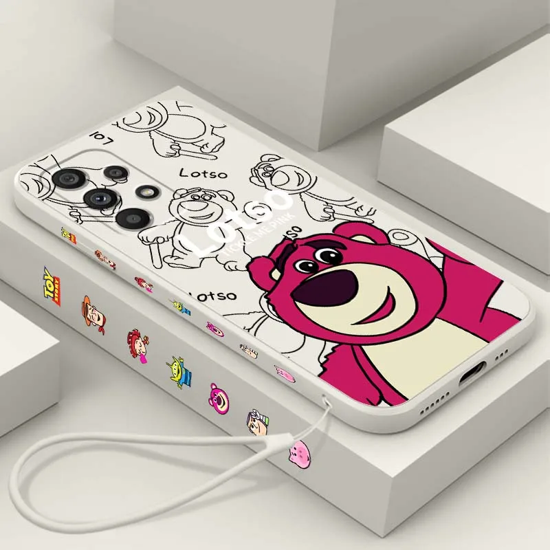 

Disney Strawberry Bear Cute For Samsung Note 20 Ultra A04 A05 A13 A15 A14 A12 A22 A23 A25 A42 5G Liquid Left Rope Phone Case