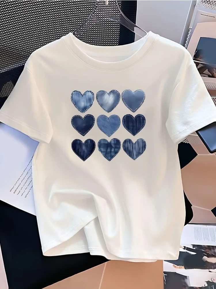 

Women's Casual Short-Sleeve T-Shirt Blue Denim Style Heart Print Round Neck Simple Everyday Top Comfortable Texture