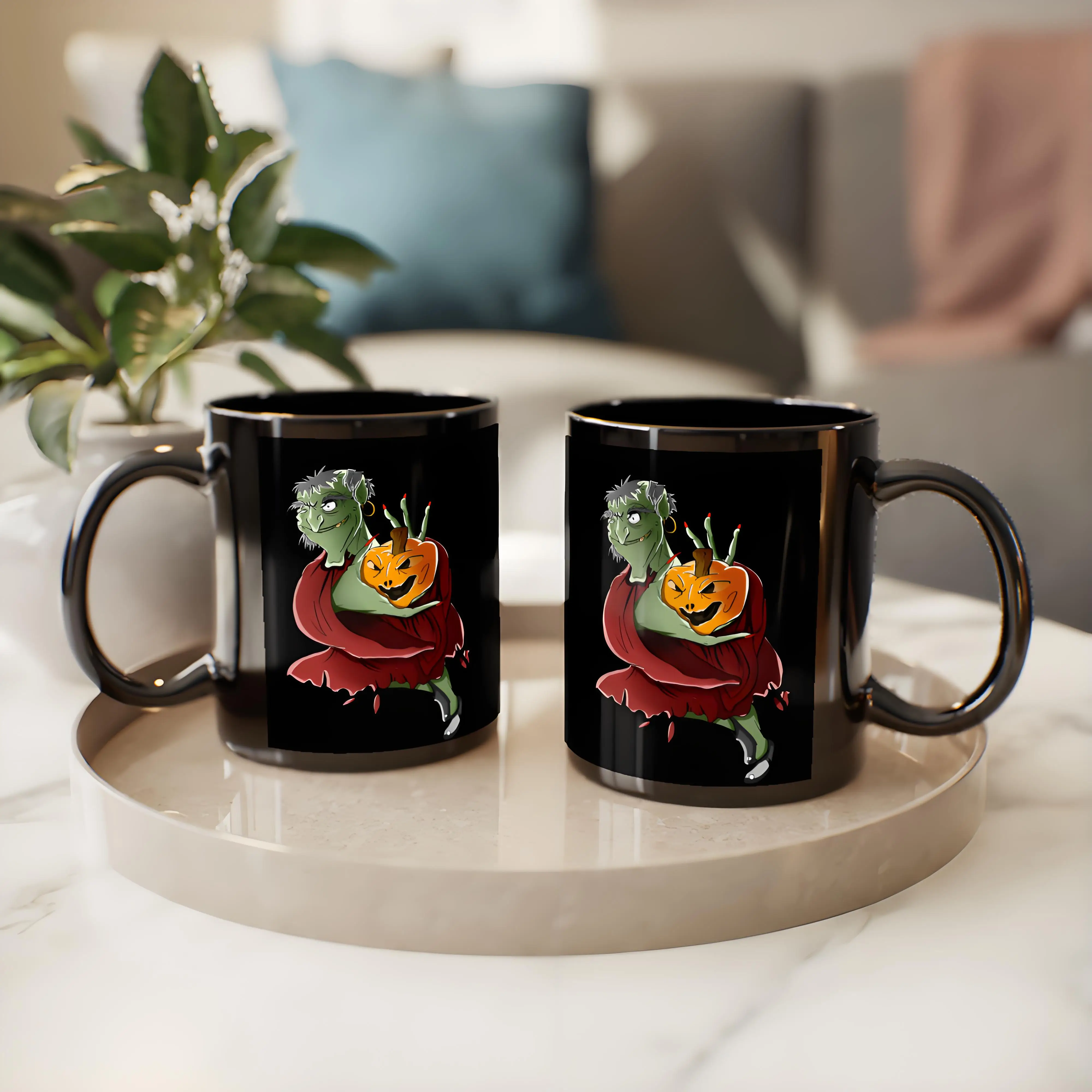 

Black mug, unique Halloween pattern, eco-friendly cup printed on both sides, kitchen ceramic coffee drinkware, reusable.