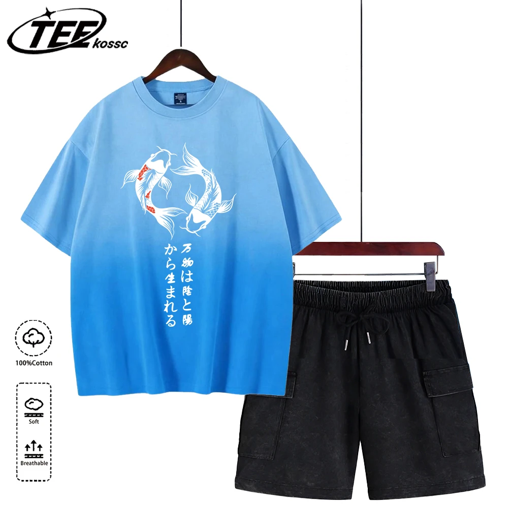 

Мужская футболка в стиле японского харадзюку с принтом кои и буквами, тай-дай, летняя модная, с коротким рукавом, круглым вырезом, из хлопка, ретро, с эффектом потертости, шорты