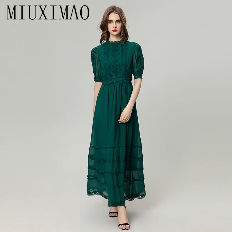 

MIUXIMAO 2024 Summer New Style Elegant Pretty Dress Women Green O-Neck Short Sleeve Lace Travel Slim Long Dress Vestides