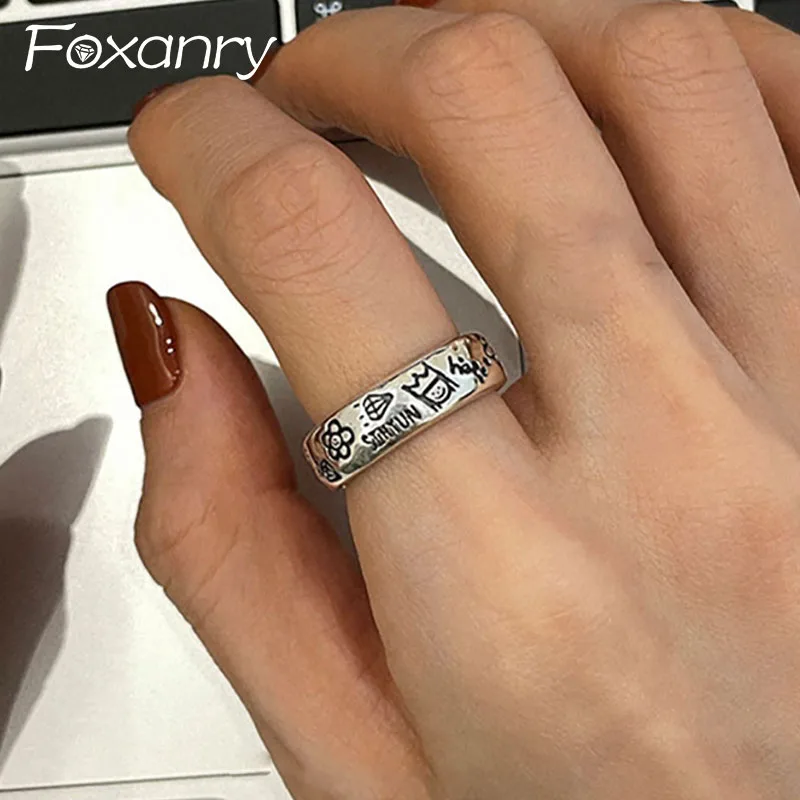 Foxanry Vintage Punk Graffiti Cartoon Ring for Women Korean Fashion Creative Design Geometric Handmade Birthday Party Jewelry