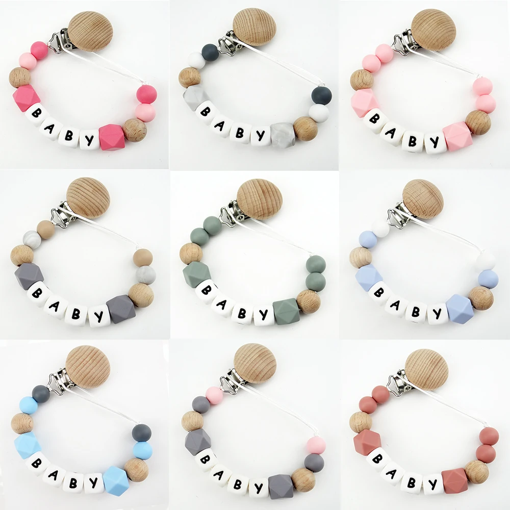 2PCS Personalized Name Pacifier Clips Silicone Letter Beads Teething Bracelet Wooden Nipple Holder Dummy Chain Baby Shower Gifts