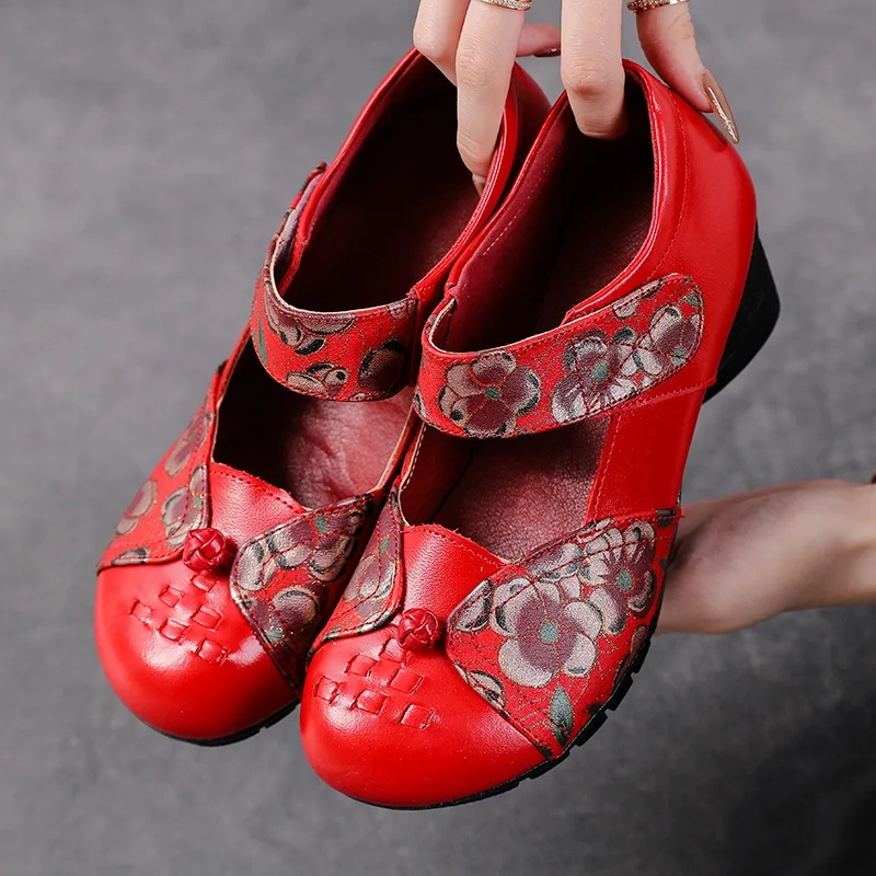 XT Cowhide Summer Low-Heeled Casual Women\'s Shoes Ethnic Style Women\'s  Shoes Color Matching Comfortable Soft-Soled Mother shoe